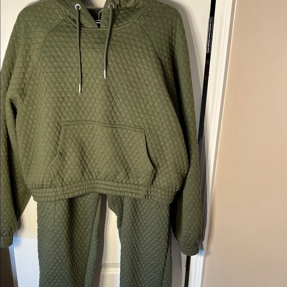 Olive Quilted Women's Hoodie and Jogger Set - Picture 1 of 5